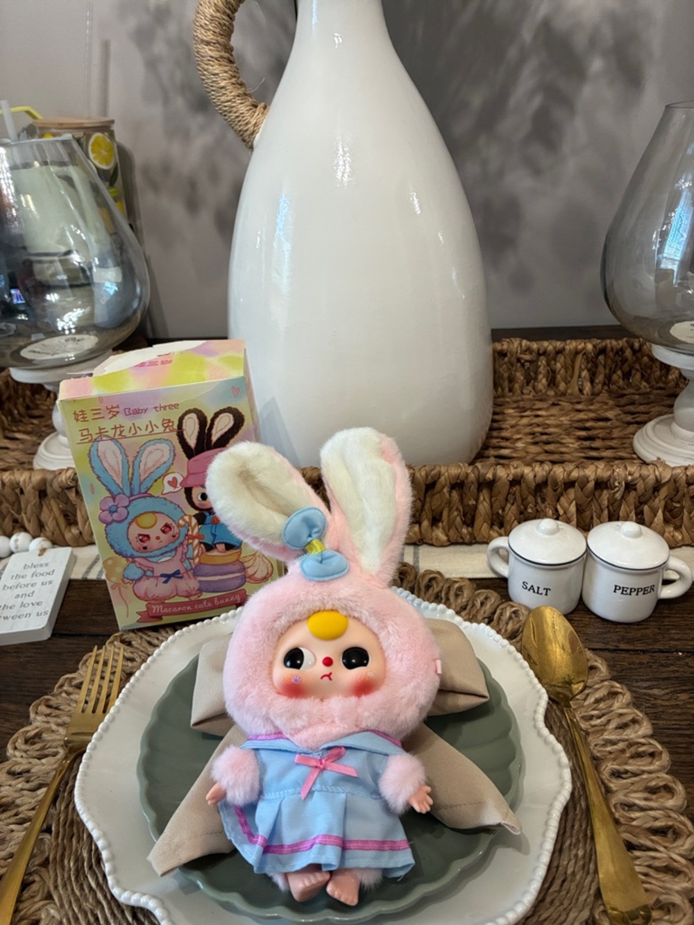 Pink Bunny Doll in Blue Dress Plush Figurine